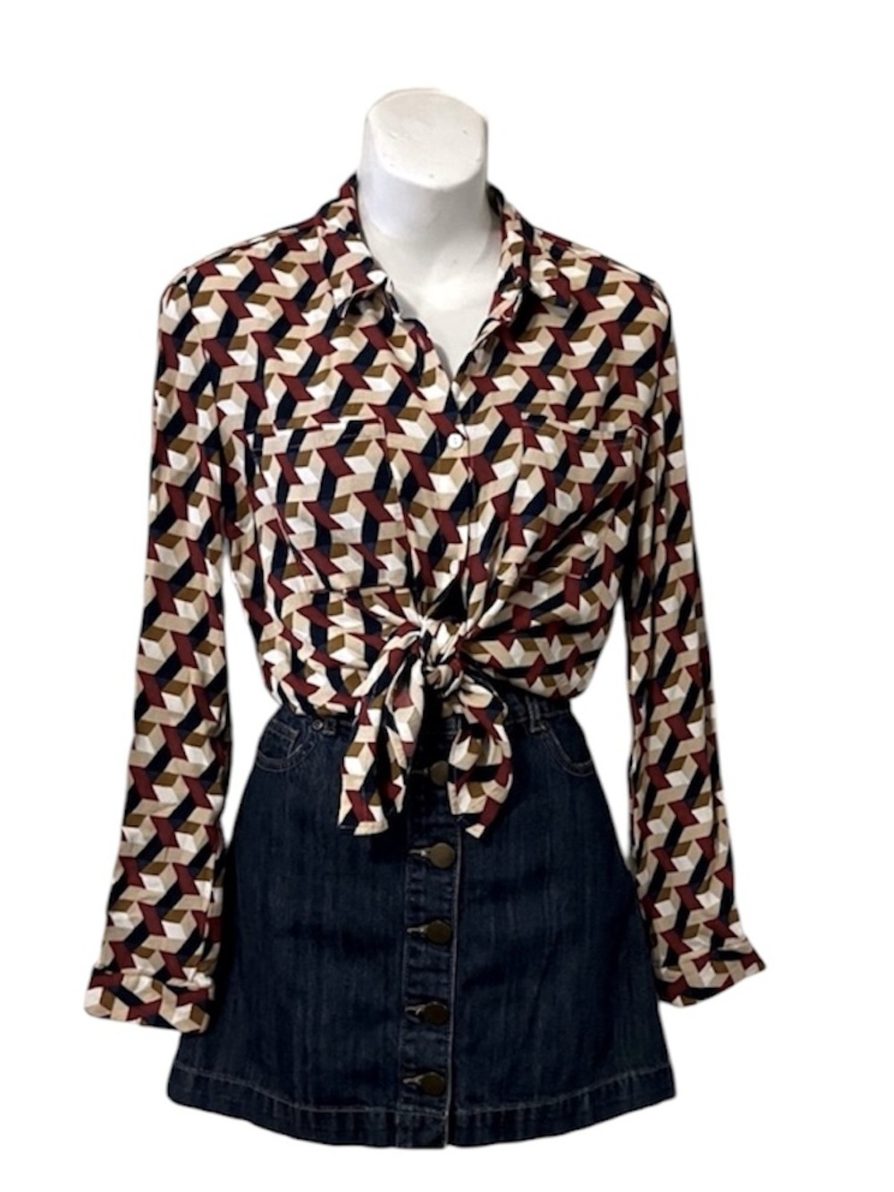 Long Sleeve Button Down Geometric Pattern Shirt & Denim Jean Mini Skirt BUNDLE